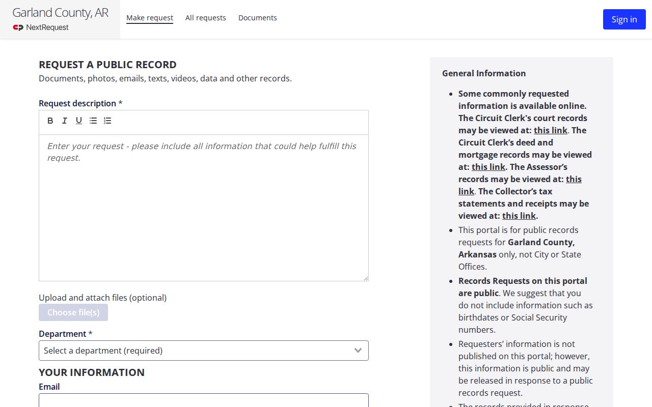 Garland County NextRequest public records form