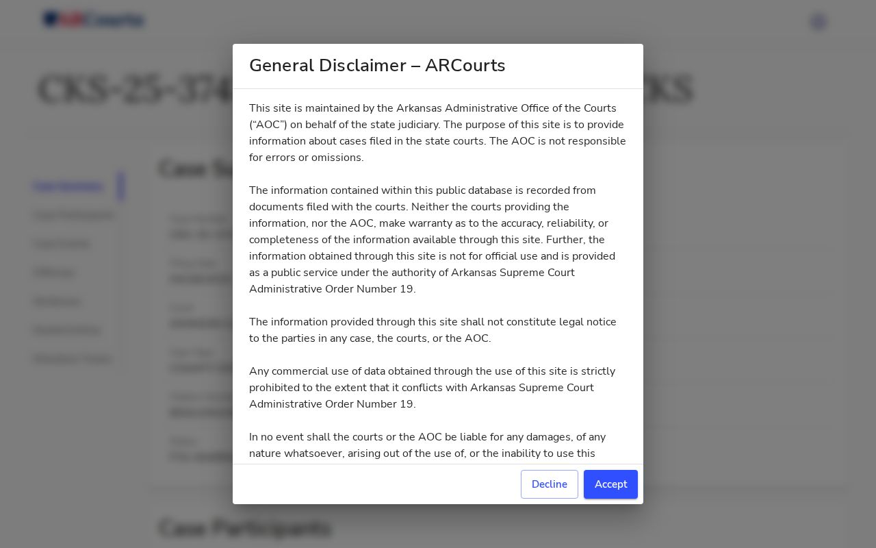 Garland County Search ARCourts docket event structure with warrant status labels