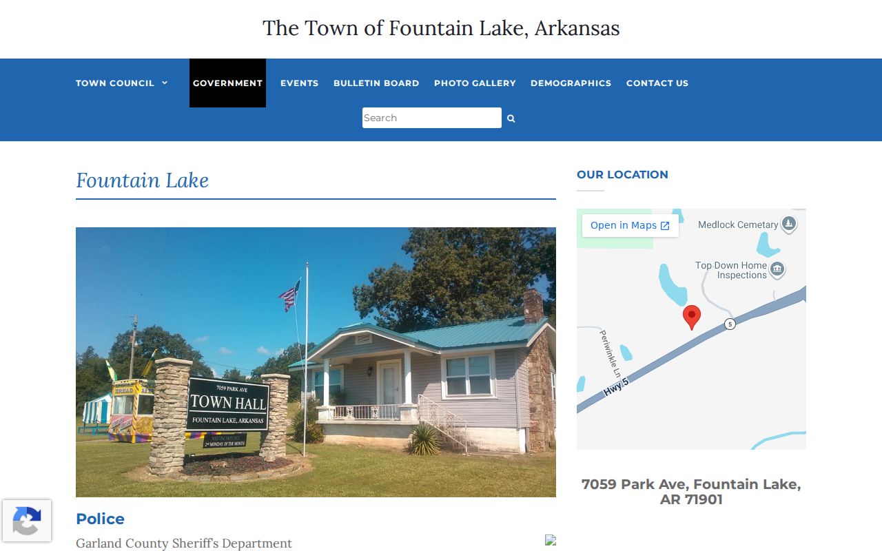 Fountain Lake official page identifying Garland County Sheriff police service
