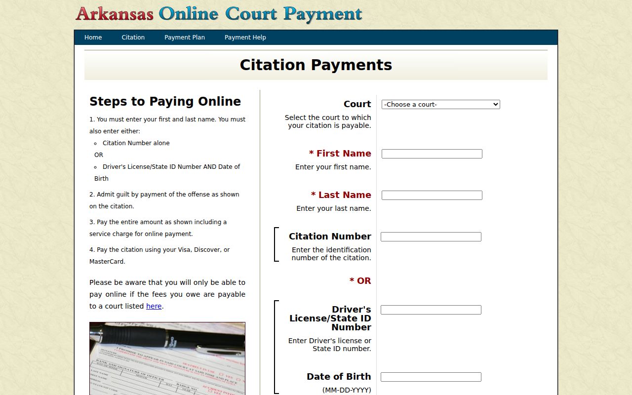 Arkansas citation portal court selector for Garland County