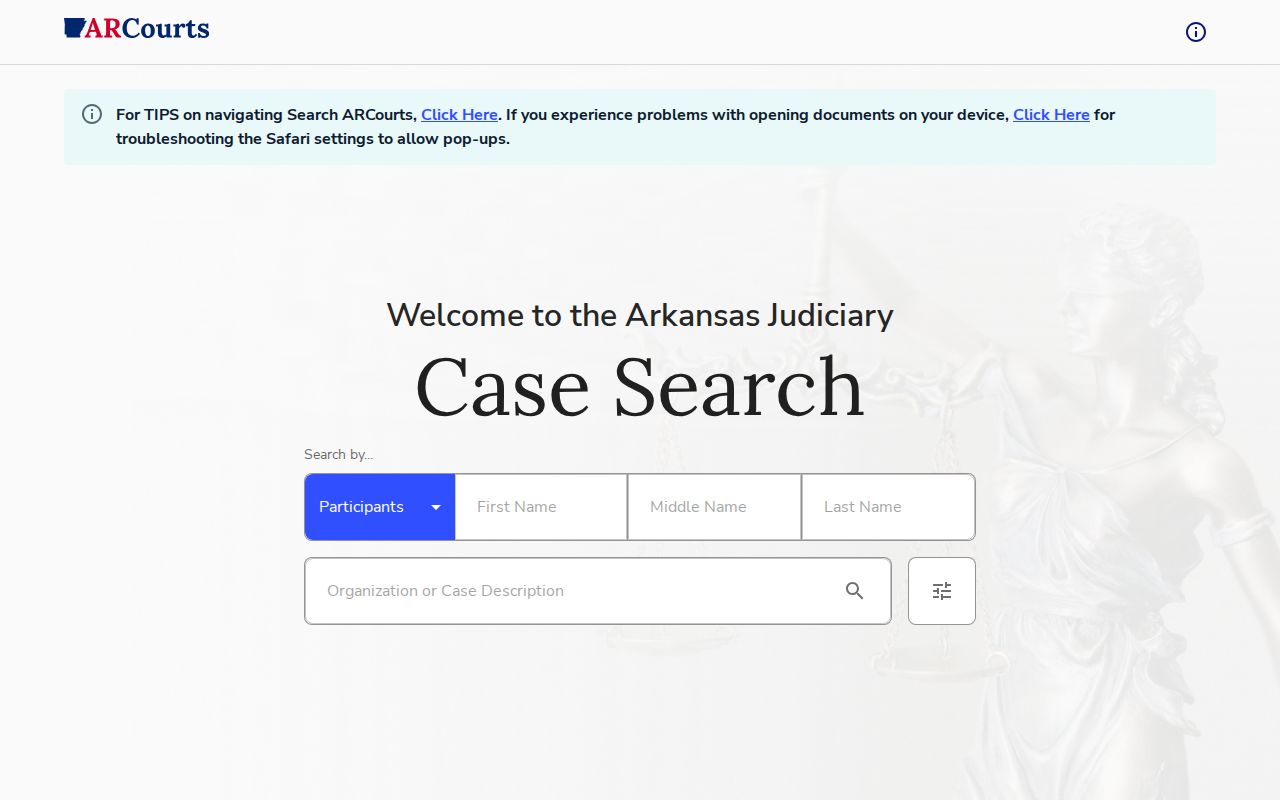 Search ARCourts public case search for Garland County warrant records